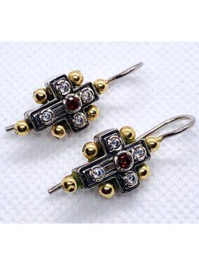 Konstantino Red Stone and Diamond Cross Earrings